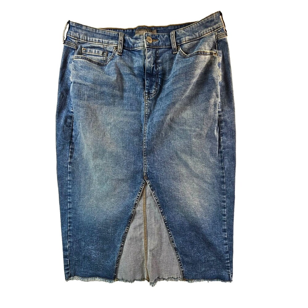 Torrid Size 12 Denim Maxi Skirt Raw Hem Front Slit Y2K